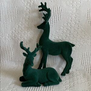 Flocked Reindeer Set of Two Forest Green Christmas Winter Elegant Decor NWOT